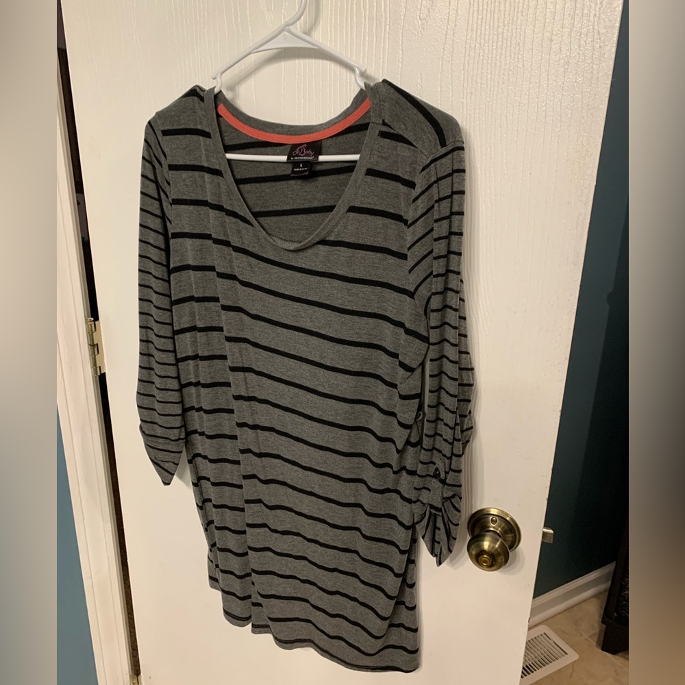 3/4 cuffed sleeve black and gray striped long torso maternity shirt